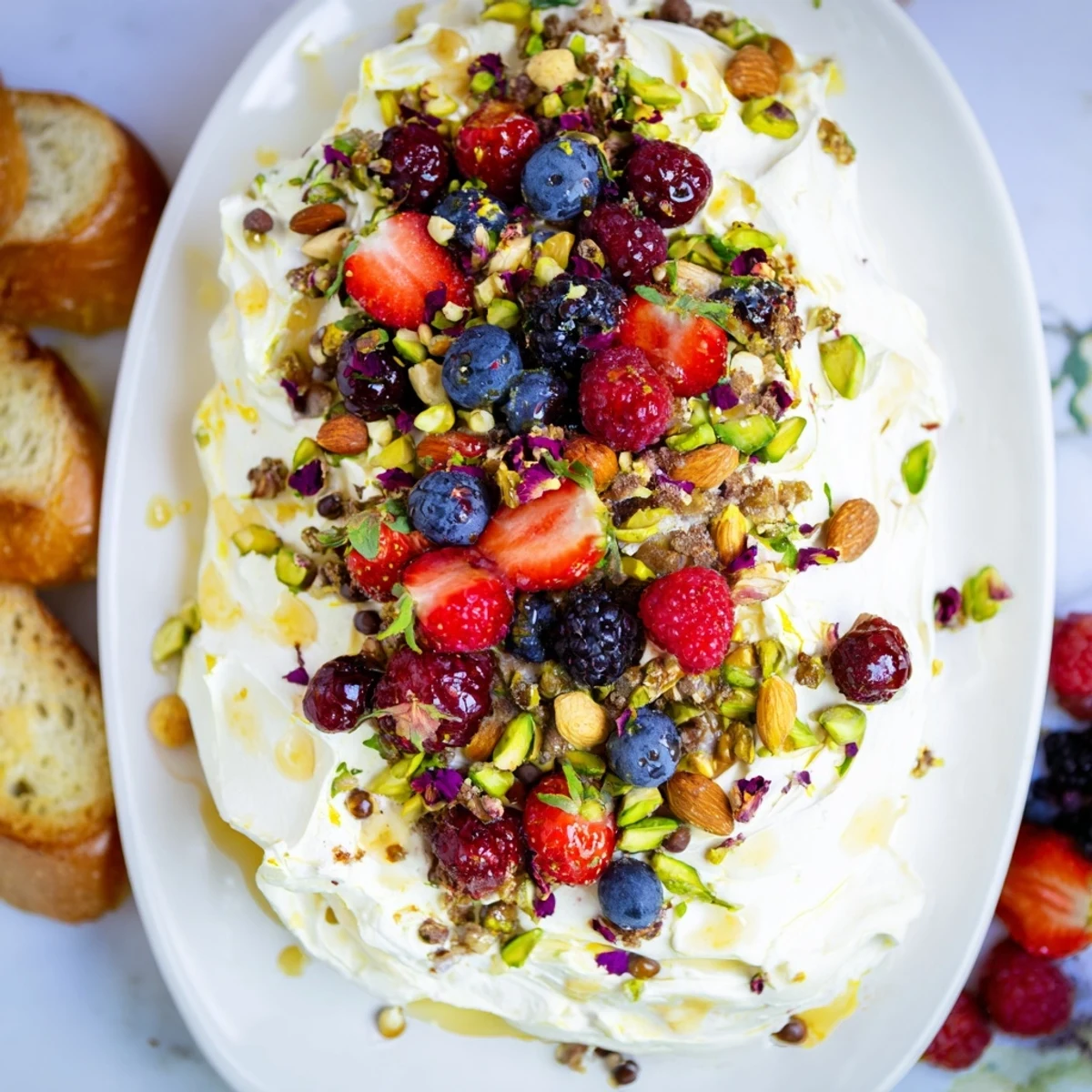 Delicious Butter Board Dessert featuring whipped cream cheese and fresh berries.  