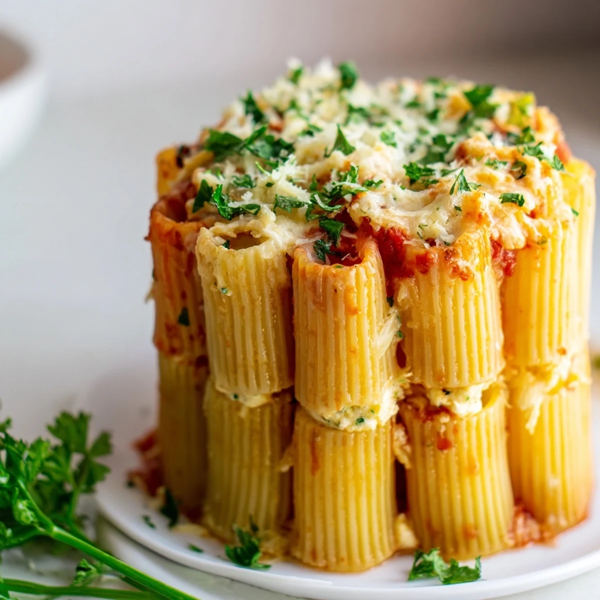 Beautifully arranged Honeycomb Pasta Cake, showcasing gooey melted cheese and vibrant herbs.  
