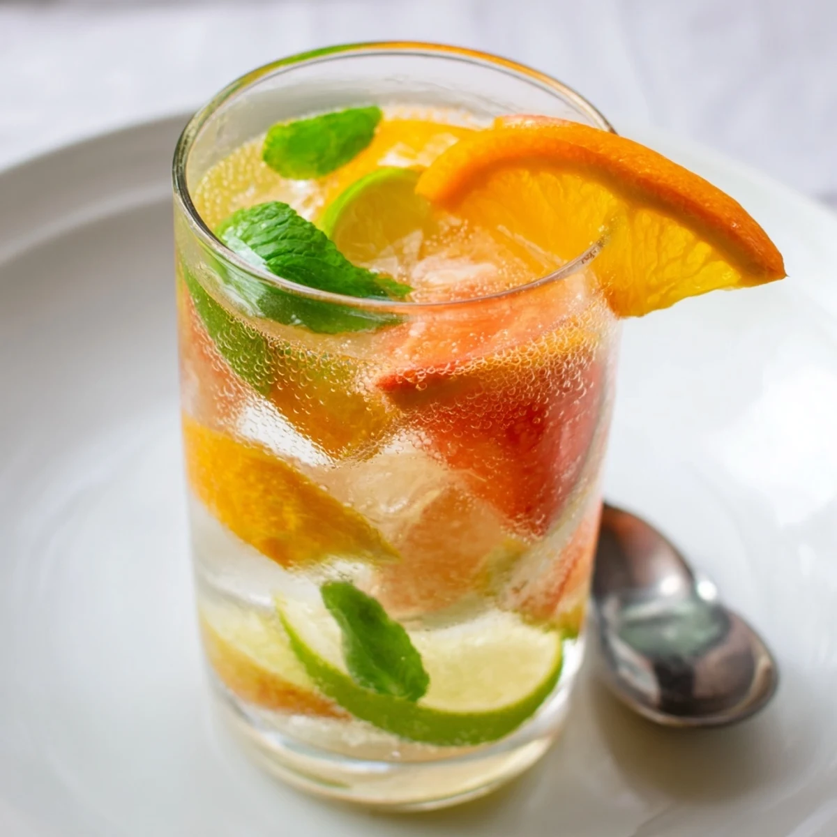 Citrusy probiotic soda mocktail served over ice with fresh mint leaves.