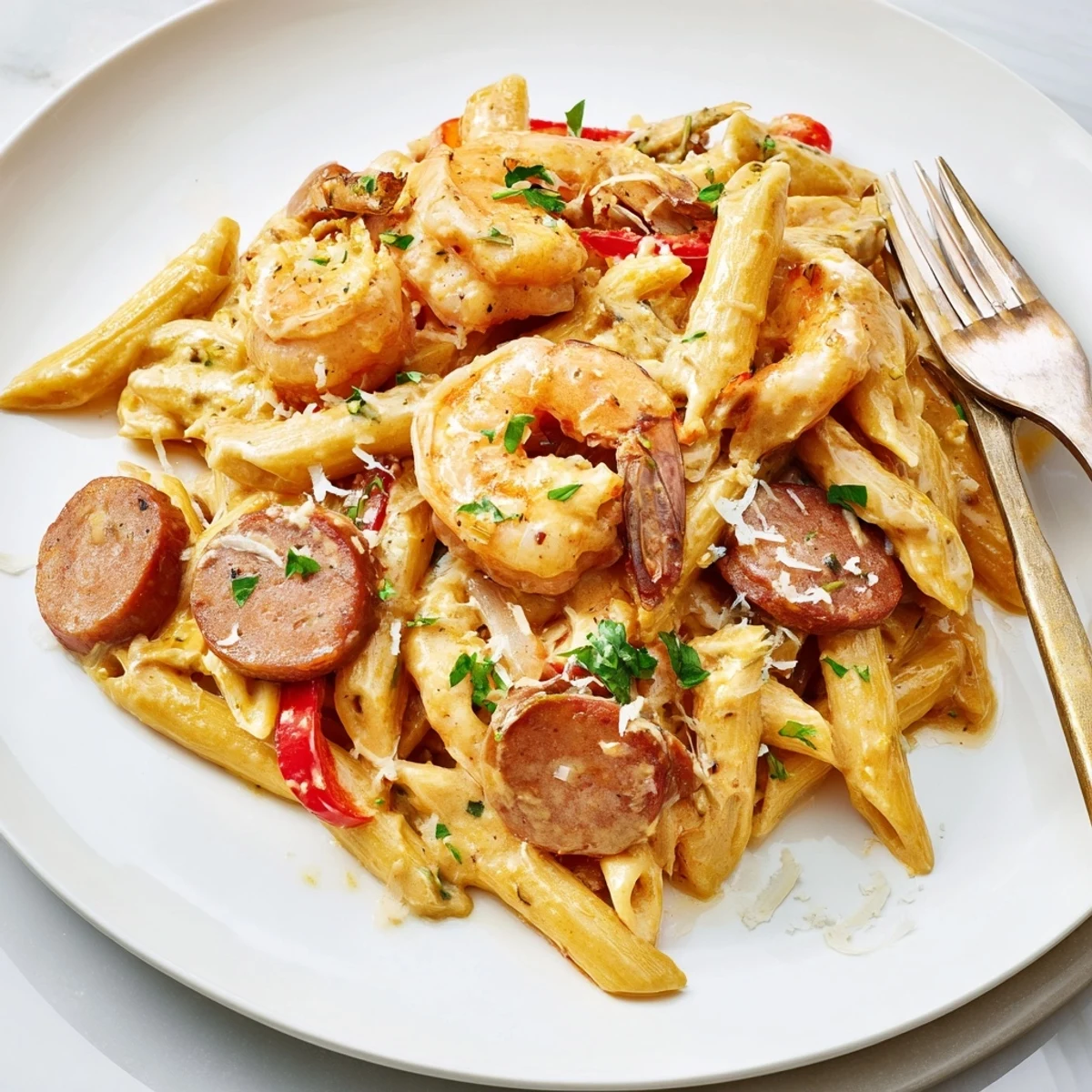 Creamy Cajun Sausage & Shrimp Alfredo Pasta Skillet served with fresh parsley garnish.   