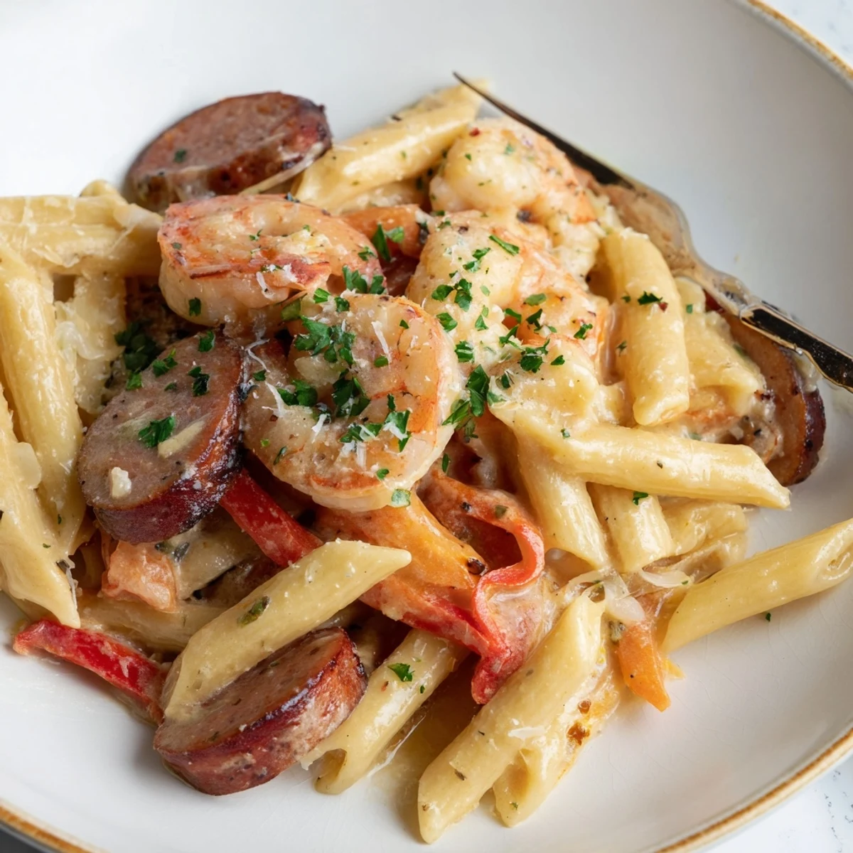 One-pan Cajun Sausage & Shrimp Alfredo Pasta Skillet full of smoky delights and comfort.