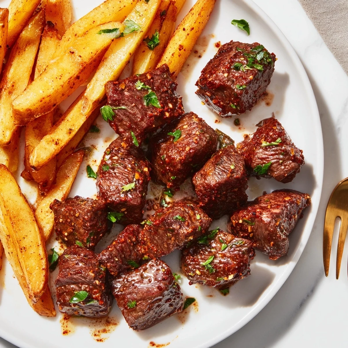 Juicy Blackened Cajun steak bites served with crispy golden fries on a plate.  