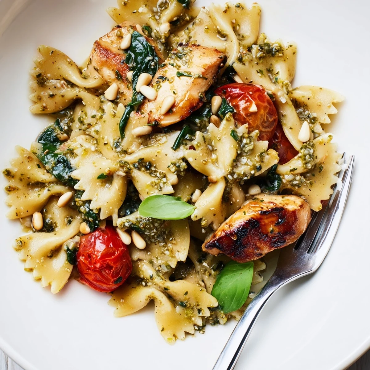 Vibrant Pesto Chicken Bowtie Pasta topped with fresh basil and toasted pine nuts.  
