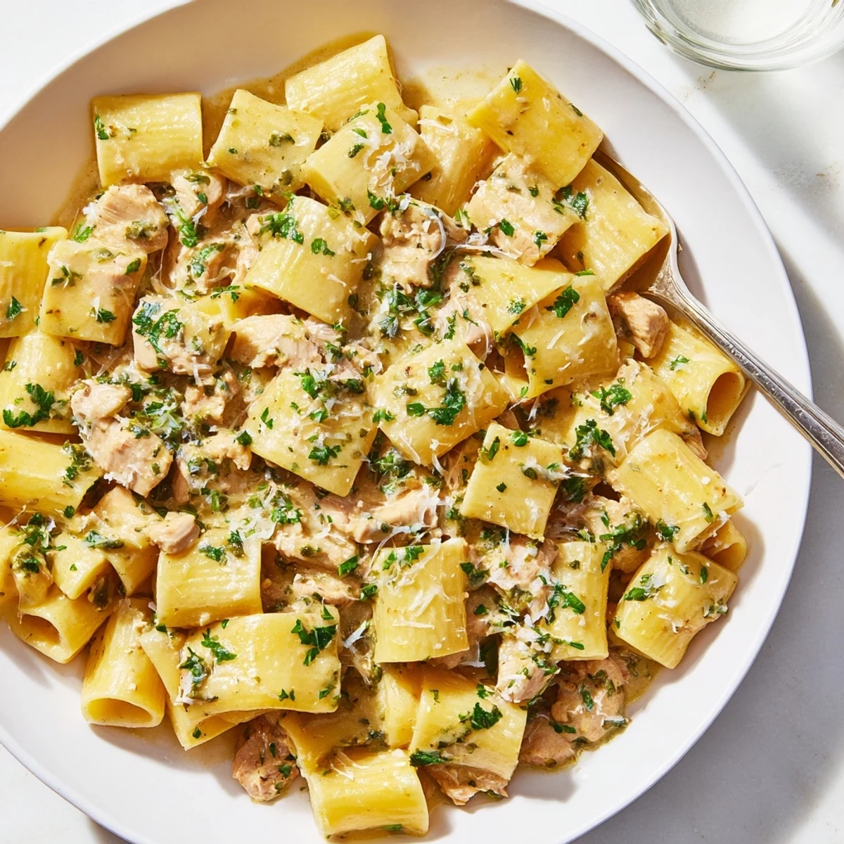Deliciously comforting Creamy Garlic Parmesan Chicken Rigatoni, served with a side of crusty bread.  