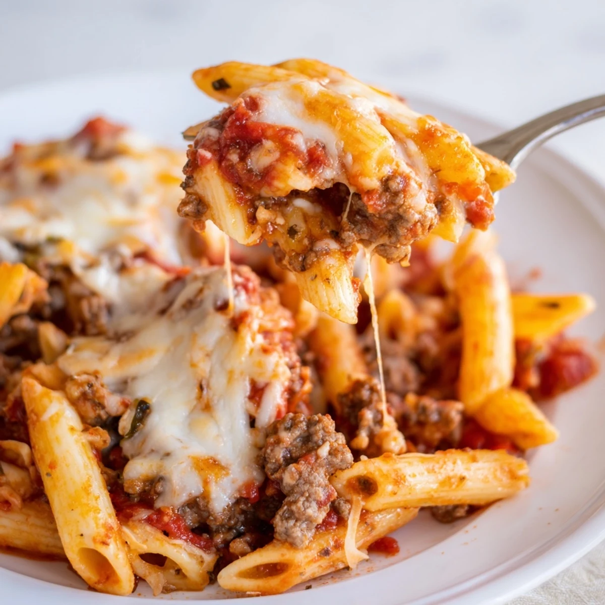 Hearty Cheesy Beef & Penne Bake topped with melted cheese, perfect for family dinners.  