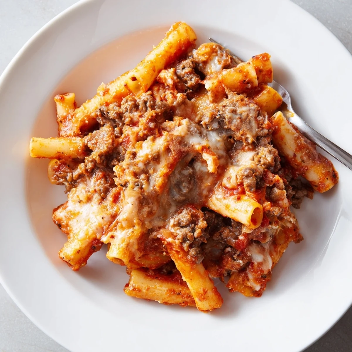 Comforting Cheesy Beef & Penne Bake with rich tomato sauce and golden crusty cheese layer.  
