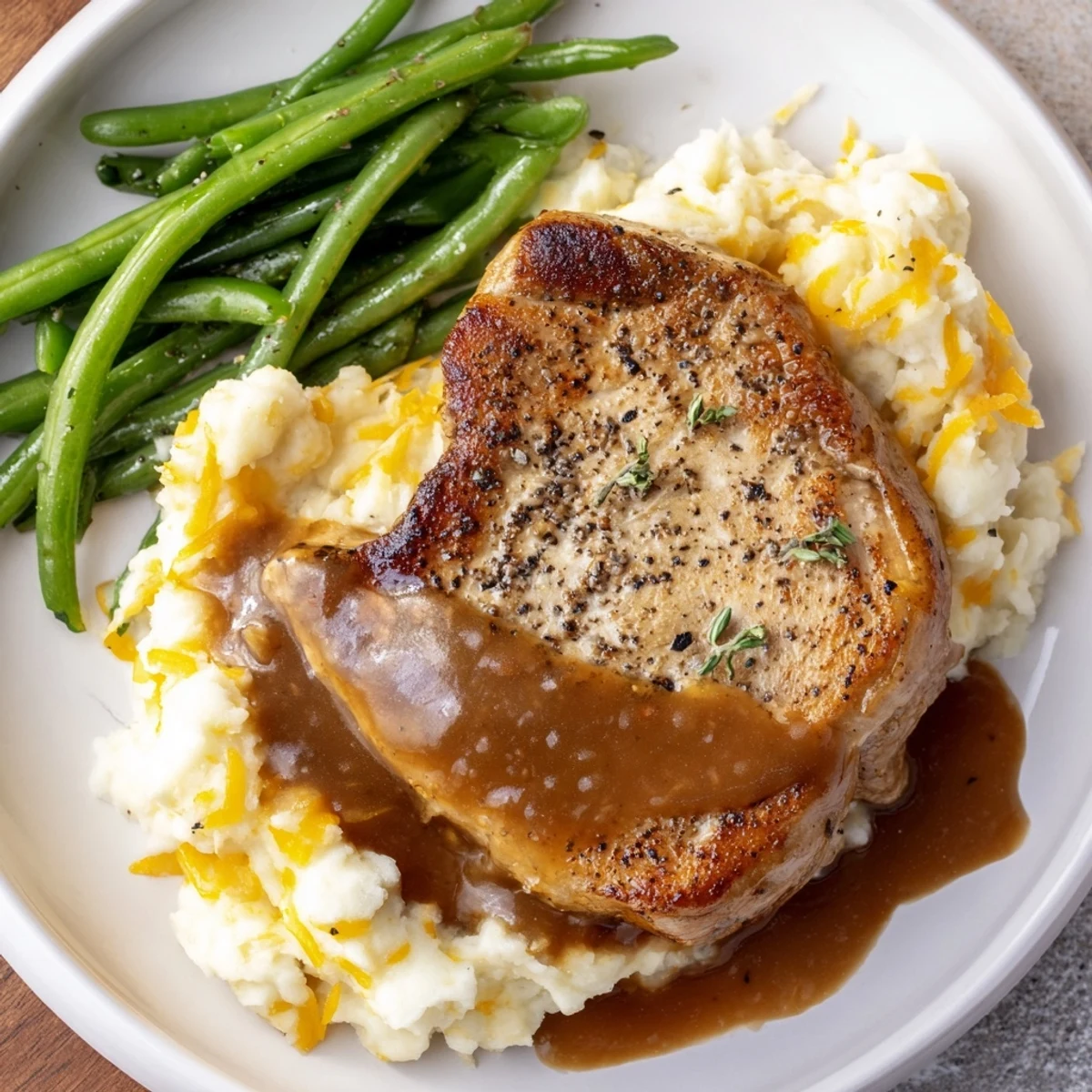 Tender pork chops atop cheddar mash bowl, rich pan gravy and green beans create a delicious American meal.