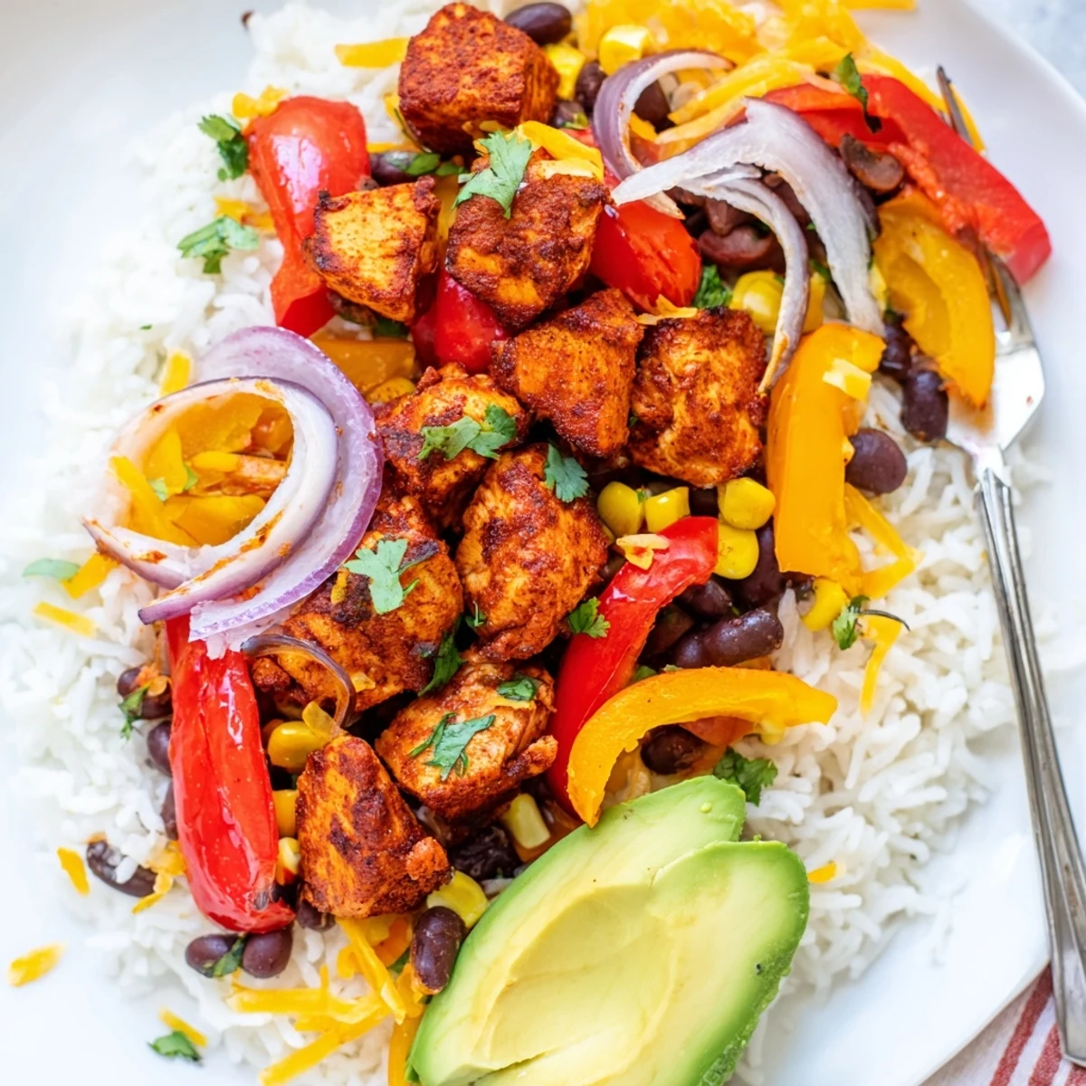 A close-up of delicious Sheet Pan Chicken Burrito Bowls, showcasing juicy chicken and colorful, roasted bell peppers.