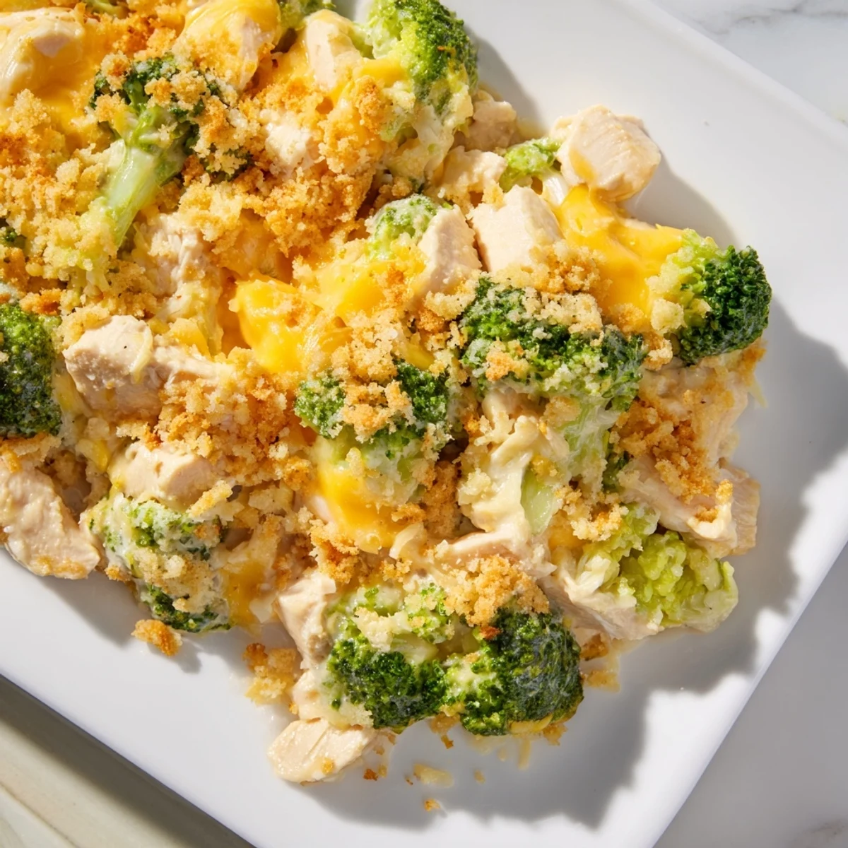 A family-style Chicken & Broccoli Cheddar Bake, featuring tender chicken and broccoli under a bubbly cheddar crust.