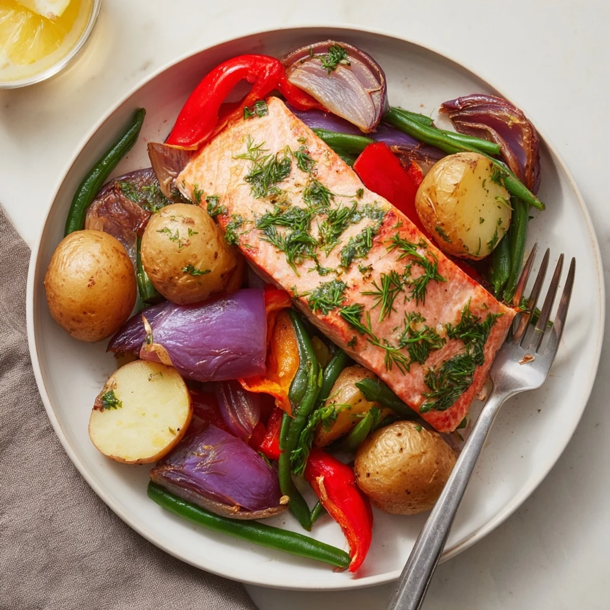 Golden-brown Lemon Herb Salmon & Potato Sheet Pan with flaky salmon and vibrant roasted vegetables.