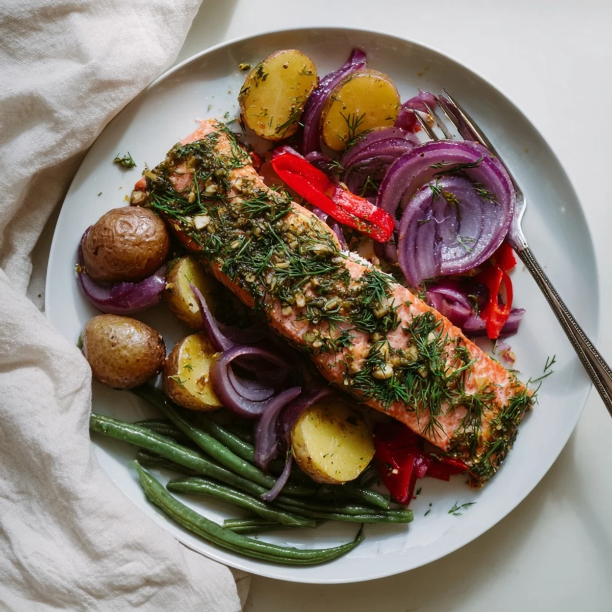 Sizzling Lemon Herb Salmon & Potato Sheet Pan, showing perfectly cooked salmon with fluffy potatoes ready to eat.
