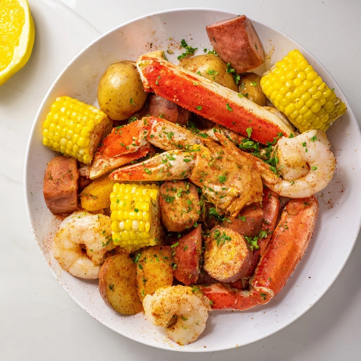 Close-up of a flavorful Seafood Boil capturing the colorful, spiced shrimp, crab, and sausage feast.