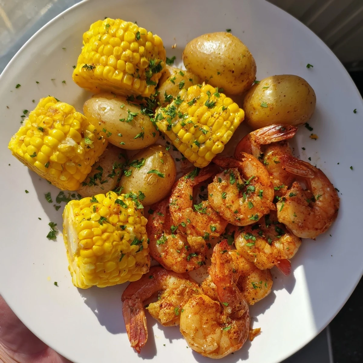 Picture this: perfectly cooked Cajun Shrimp & Sweet Corn Platter, ready to serve with lemon wedges.