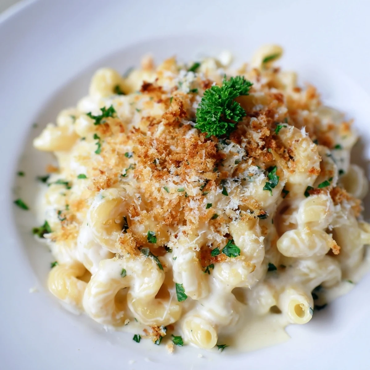 Golden-brown Truffle Macaroni & Cheese, bubbly and creamy, ready for a comforting bite.