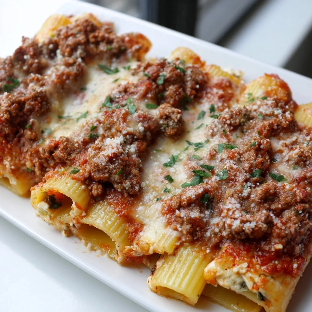 Enjoy a hearty, steaming plate of Baked Ziti with Meat Sauce, a classic Italian comfort food.