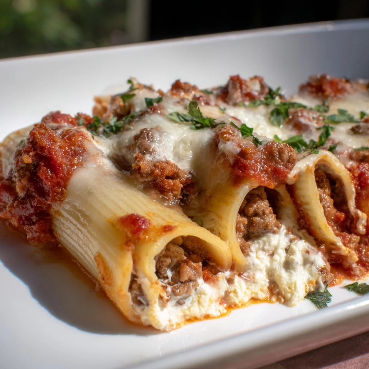 Baked Ziti with Meat Sauce: a bubbly casserole with melted cheese and rich, savory meat sauce.