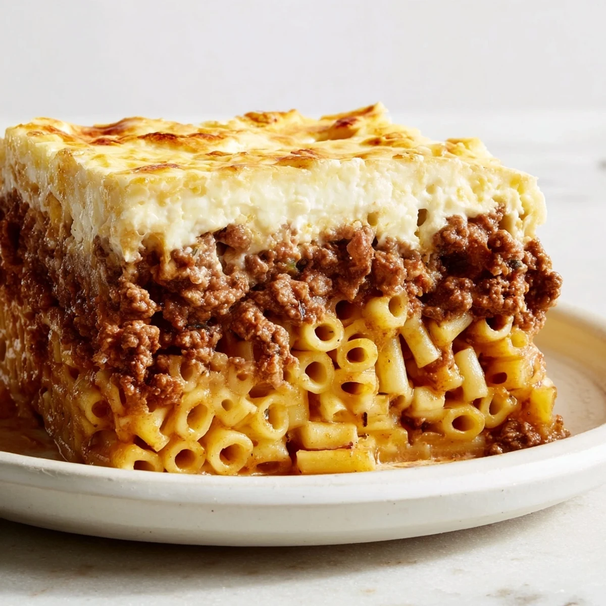 Golden-brown Greek Pastitsio, an aromatic baked pasta dish with a creamy, savory layered texture.
