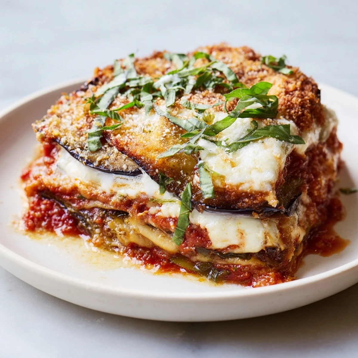 Golden, bubbly Eggplant Parmesan Lasagna with layers of tender eggplant and melted mozzarella cheese.