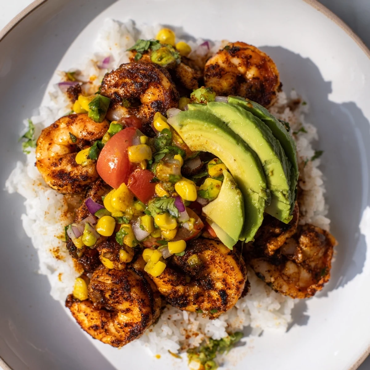 Sizzling, blackened shrimp bowl with vibrant avocado salsa, served over fluffy rice for dinner.