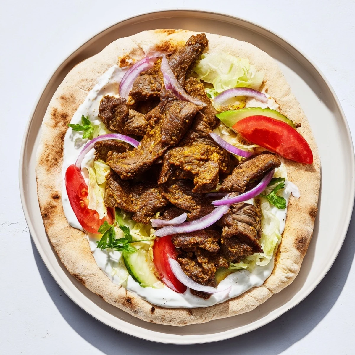 A close-up of a flavorful pile of Beef Shawarma Wraps, ready to eat, with all the fillings visible.