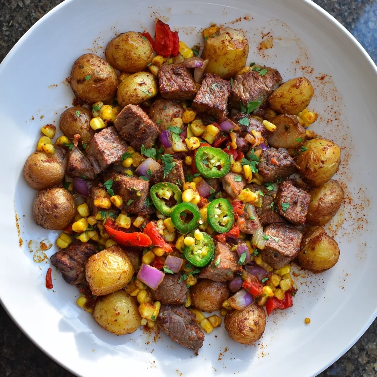 Tender steak nestled with golden potatoes in a savory Southwestern Steak & Potato Skillet, ready to enjoy.