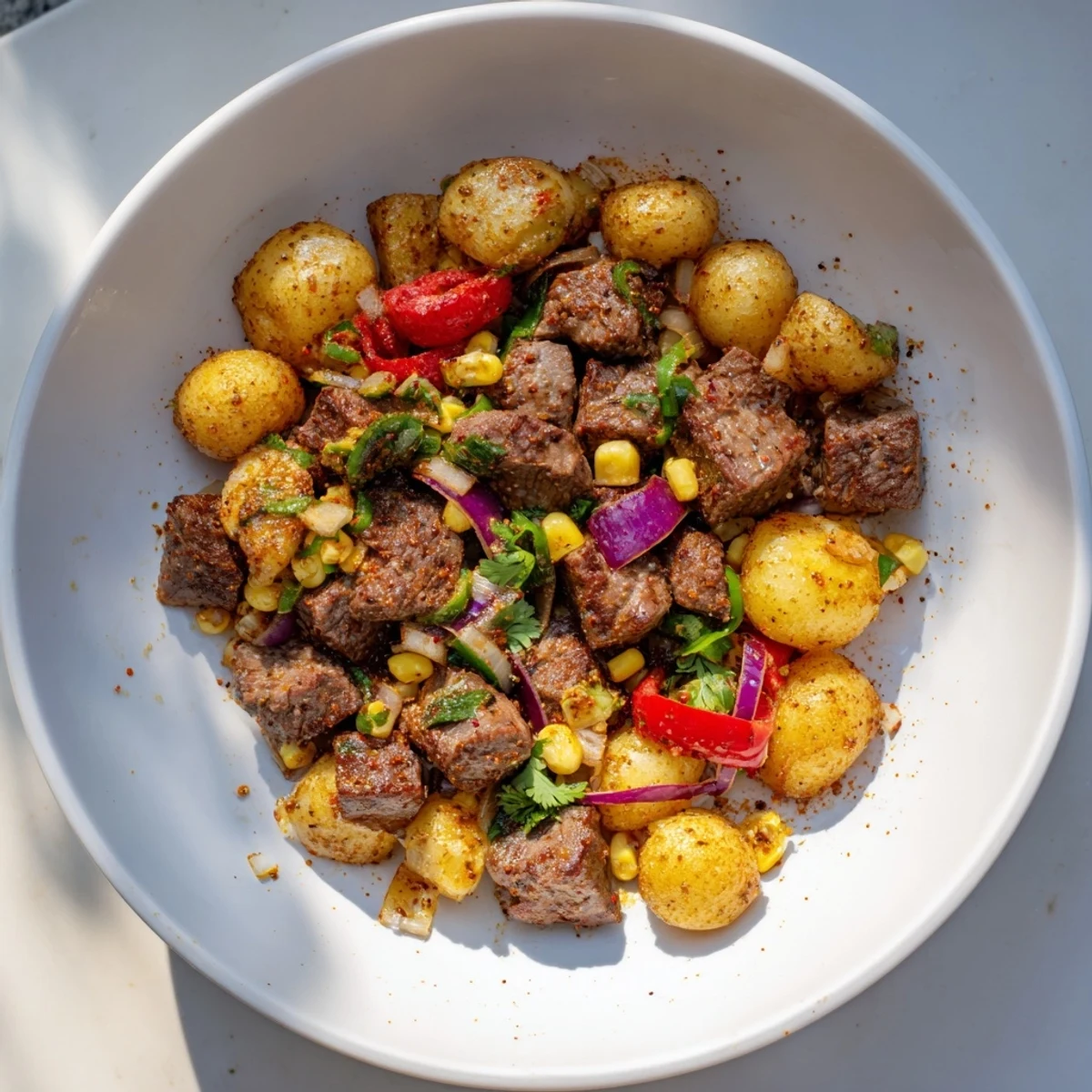 A steaming, flavorful Southwestern Steak & Potato Skillet, garnished with cilantro and served with fresh lime.