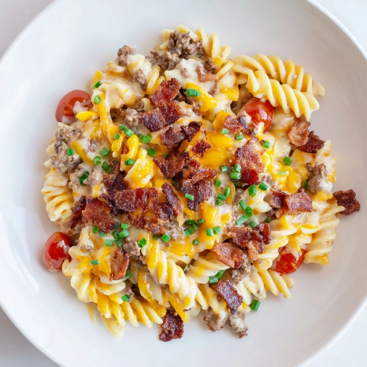 A bubbling, cheesy Bacon Cheeseburger Pasta Bake with crispy bacon topping, ready to serve.