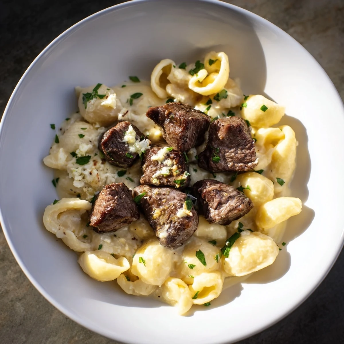 Garlic butter steak bites glistening from the skillet, served alongside creamy, cheesy pasta shells.