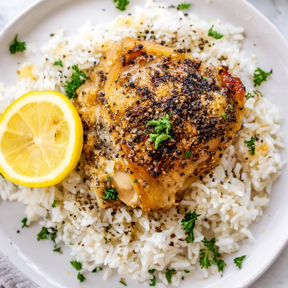 Tender Lemon Pepper Chicken nestled over fluffy rice, ready to enjoy for a satisfying, gluten-free dinner.