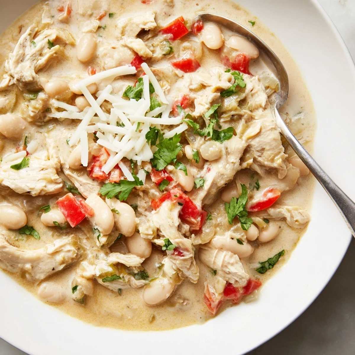 Creamy White Chicken Chili with beans, served hot and garnished with fresh cilantro and cheese.