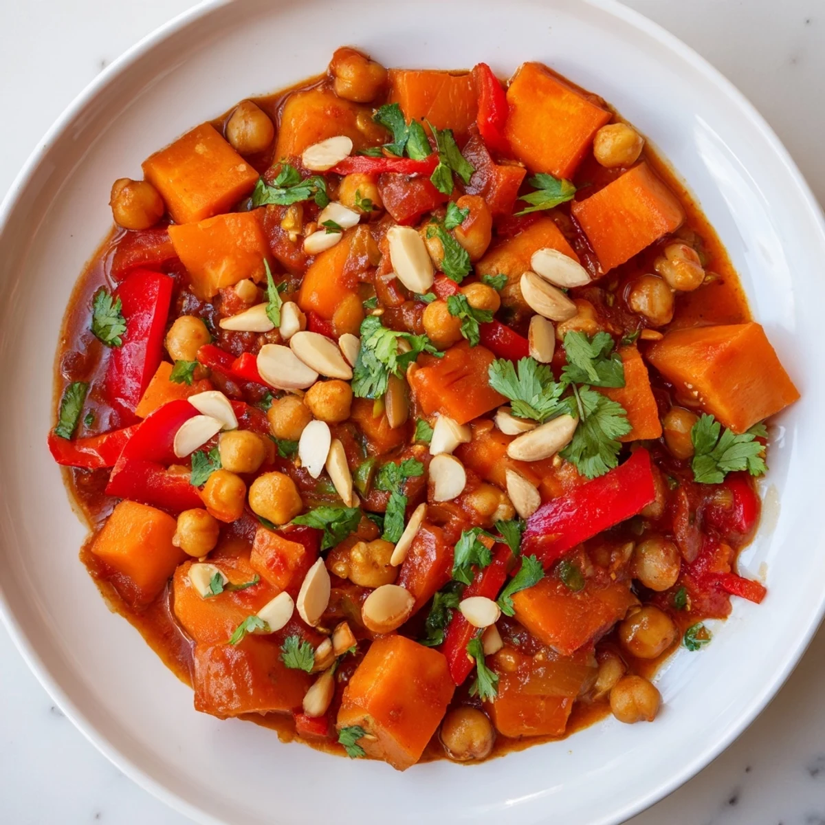 Beautifully plated Moroccan Chickpea & Sweet Potato Tagine, with tender vegetables and a rich, flavorful sauce.