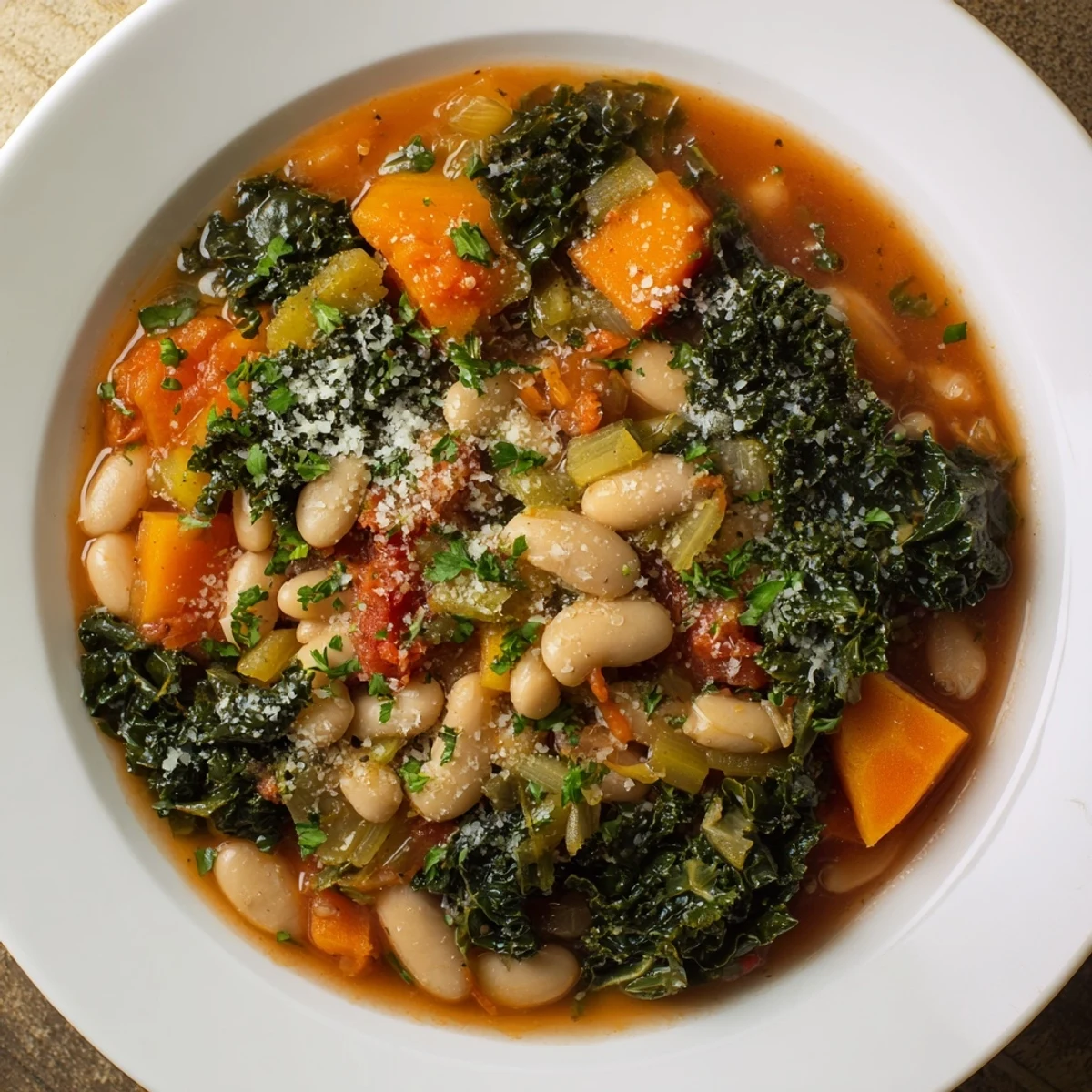 Steaming bowl of Italian Bean & Kale Stew, showcasing vibrant green kale and creamy white beans.