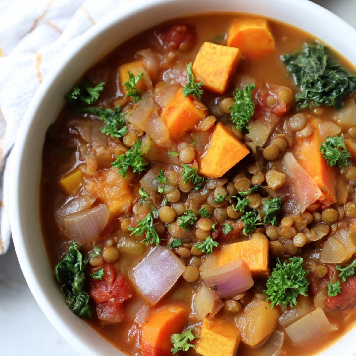 A warm bowl of winter vegetable and lentil soup, ready to be served with fresh parsley garnish.