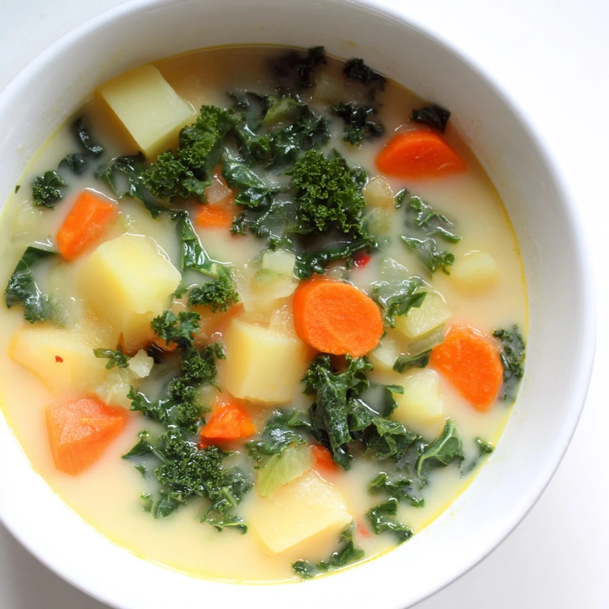Close-up of a rich, flavorful Vegetarian Potato-Kale Soup, garnished and ready to serve.