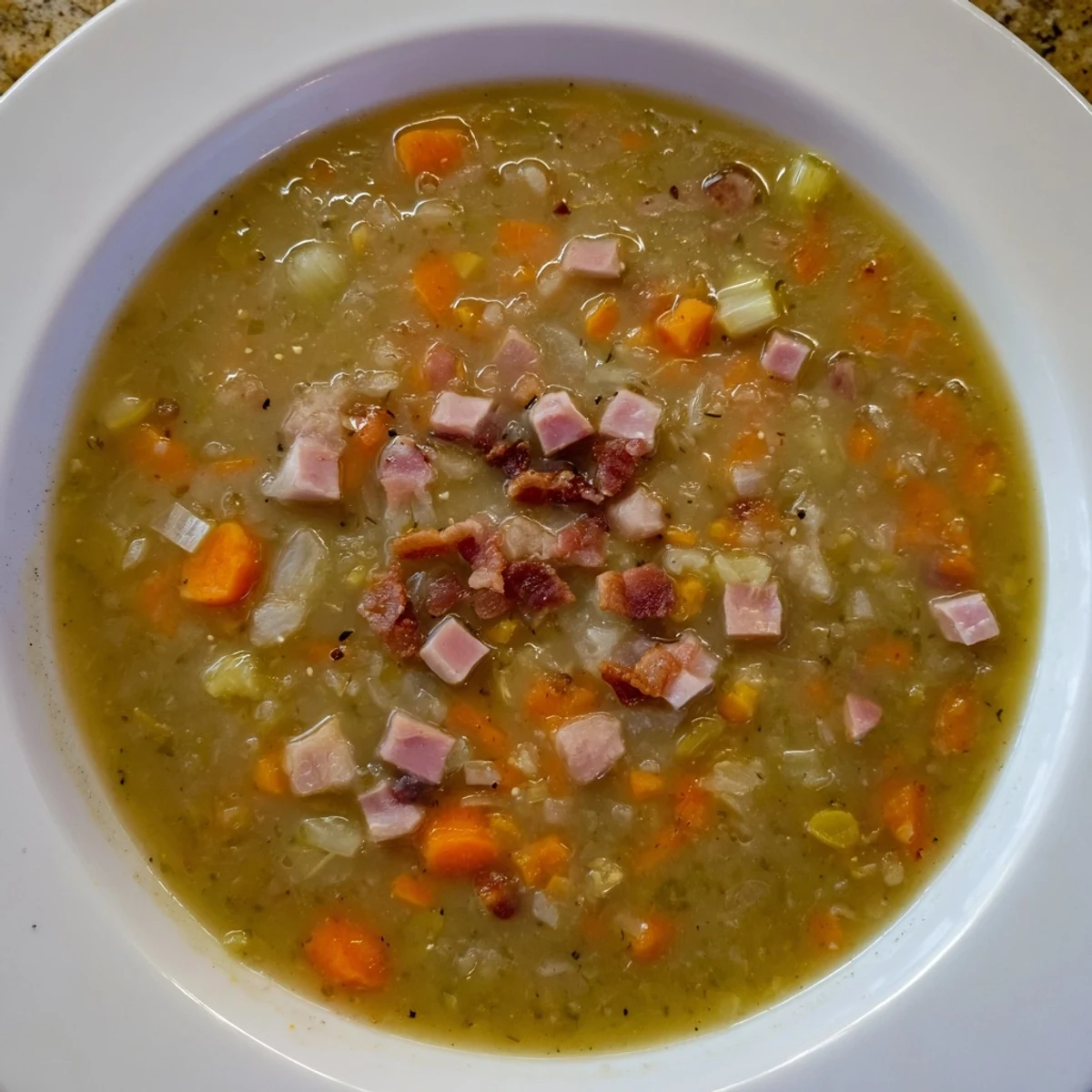Close-up of hearty Split Pea Soup with bacon crumbles, showcasing depth of flavor and texture.