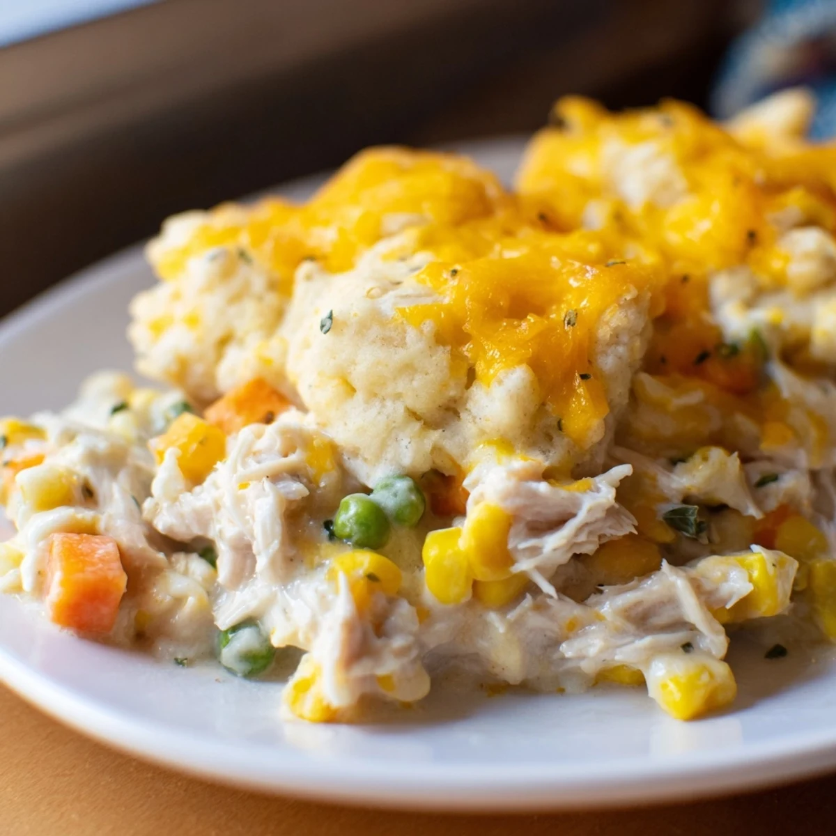 This photo features delicious, one-pan Chicken Cobbler with a cheesy, homemade biscuit topping.