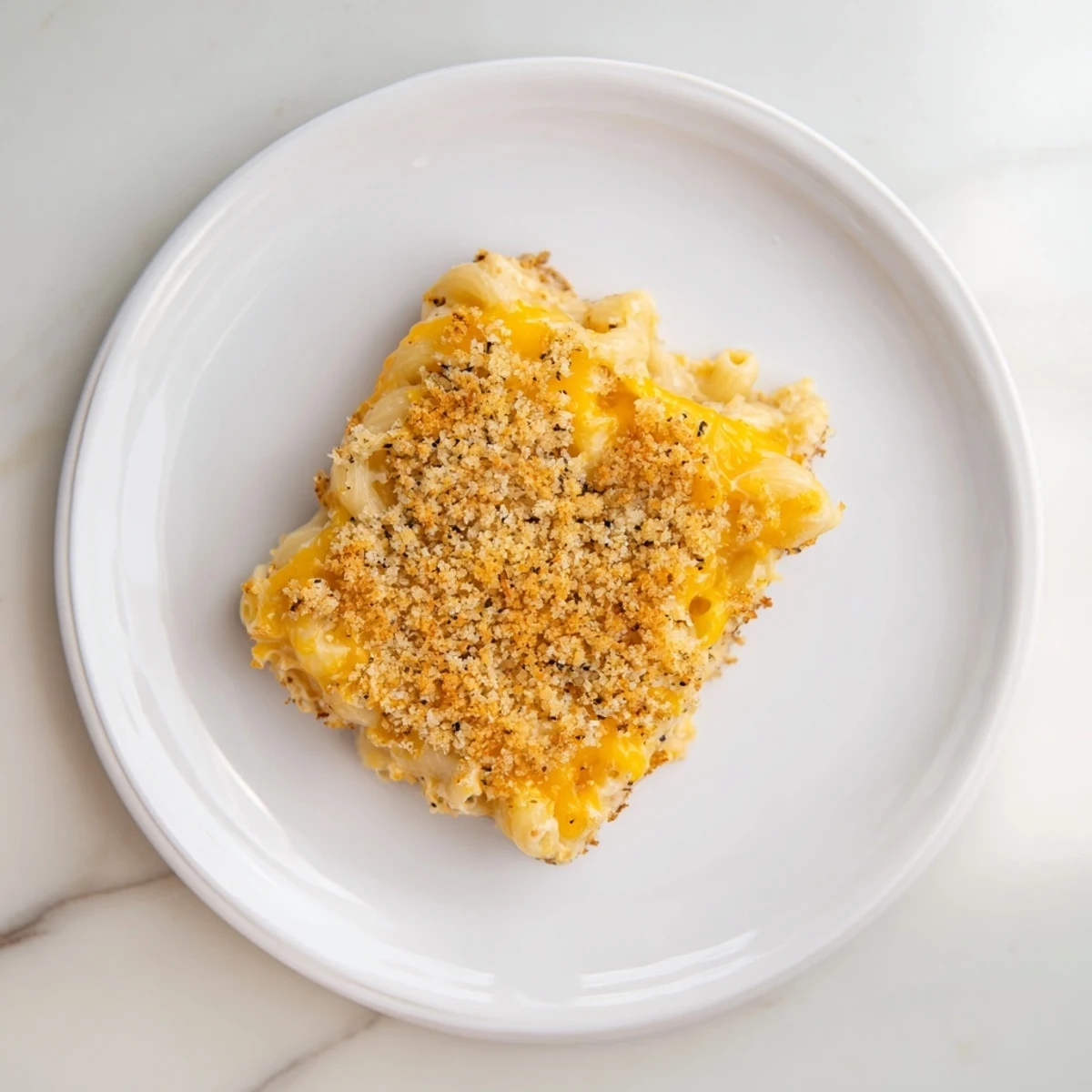 A close-up of cheesy, steaming Mac & Cheese with Evaporated Milk, freshly baked, oozing with delicious cheese.