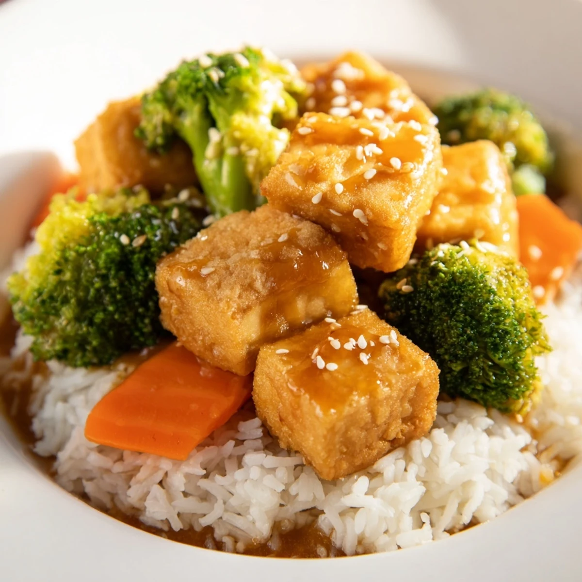 Golden-brown sesame tofu & broccoli, a delicious vegetarian meal served over fluffy white rice.