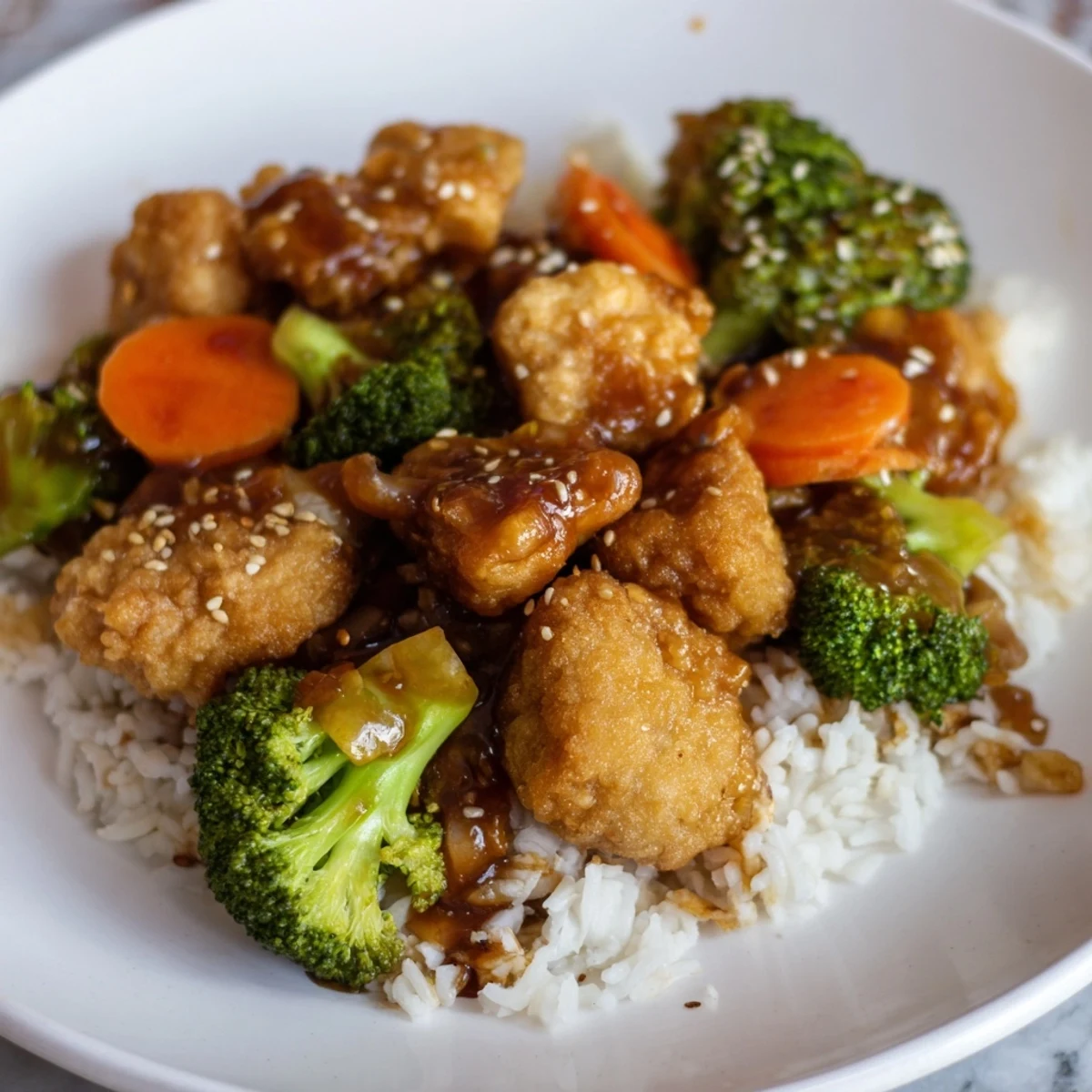 Enjoy a comforting bowl of sesame tofu & broccoli, garnished with green onions and sesame seeds.