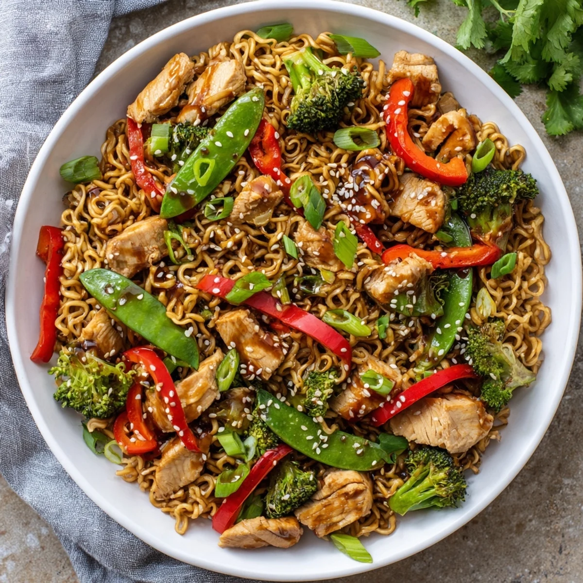 Golden sheet pan crispy ramen with chicken, featuring vibrant roasted veggies and crispy noodles.