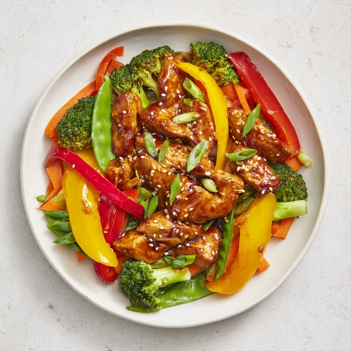 Golden brown chicken stir-fry with vegetables over fluffy rice, ready to enjoy this savory dinner.