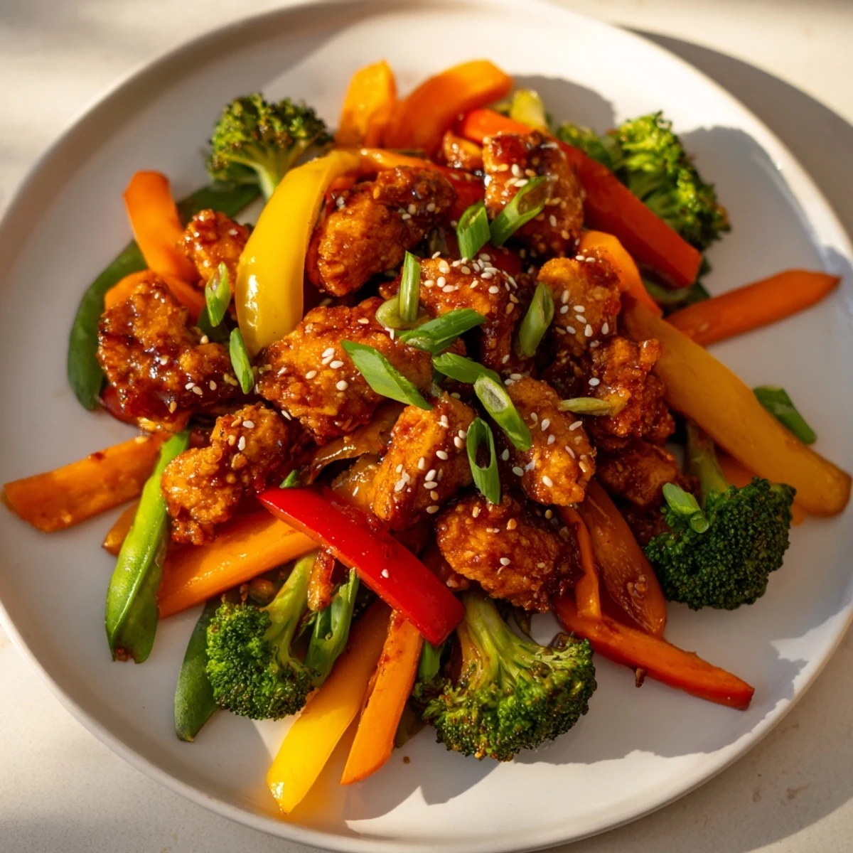 A flavorful Chicken Stir-Fry with colorful veggies, perfectly stir-fried and coated in a tasty sauce.