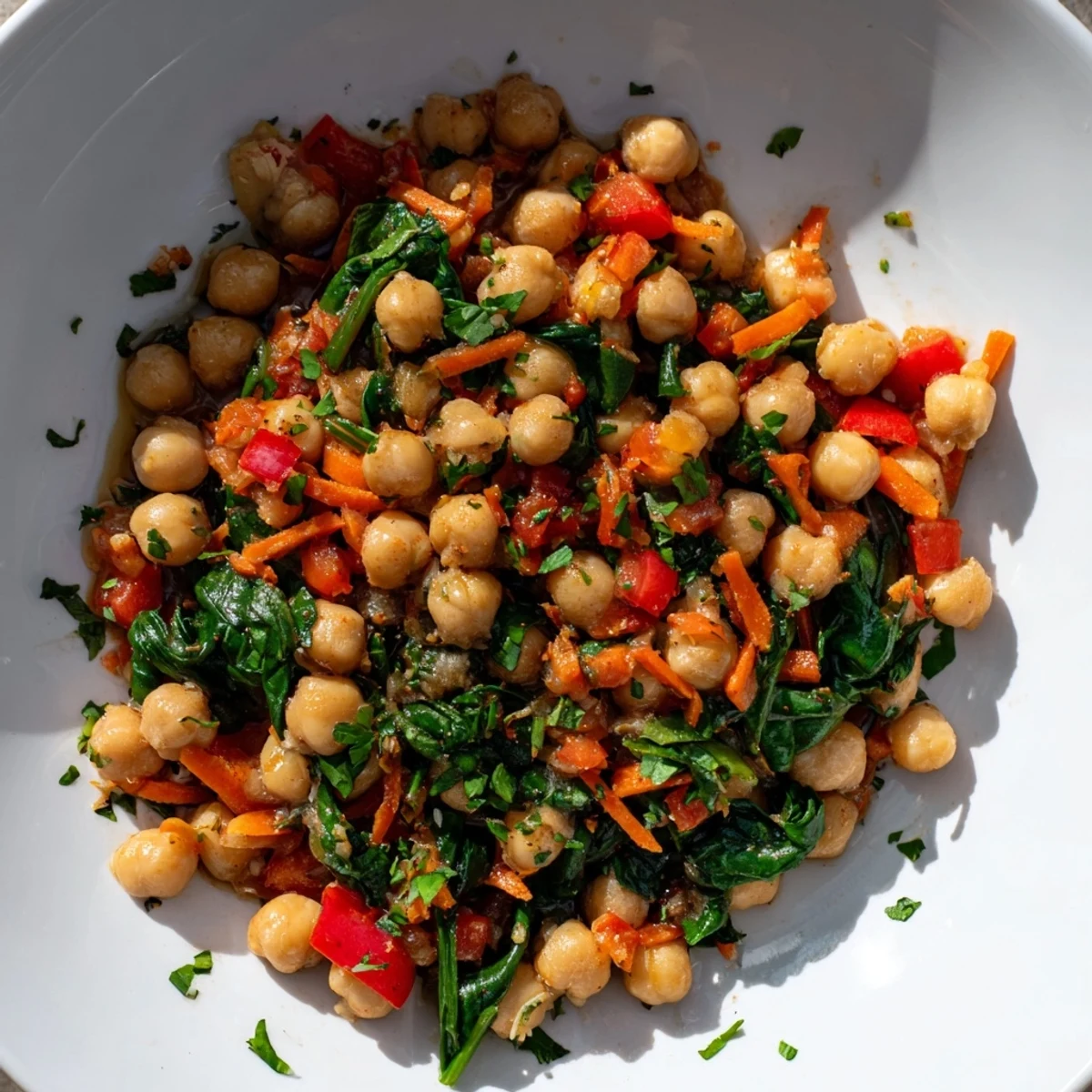 Steaming Vegetarian Chickpea & Spinach Skillet, vibrant with red pepper and aromatic spices, ready to serve.