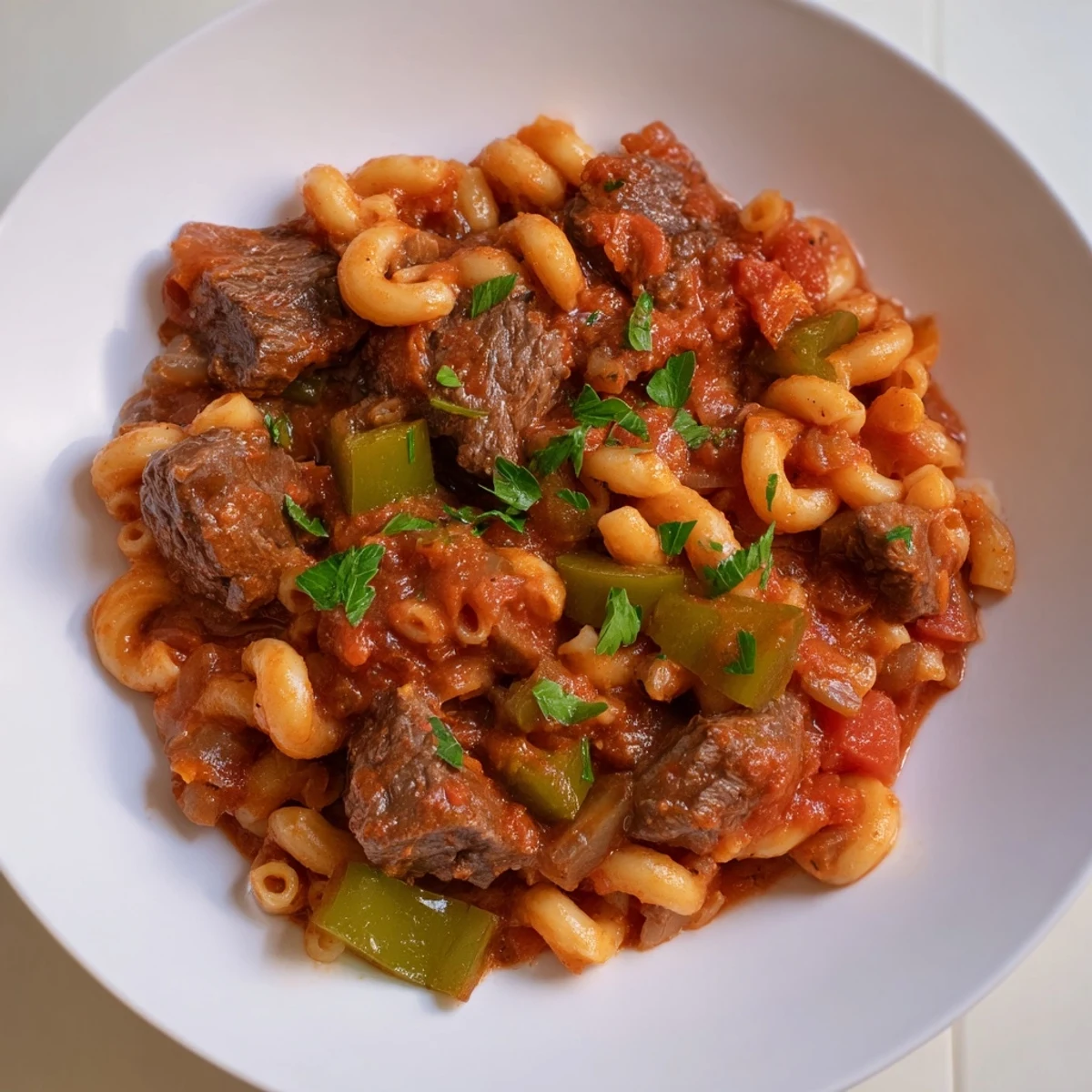 Close-up of a bubbling pot of flavorful goulash, a classic beef and pasta dish.