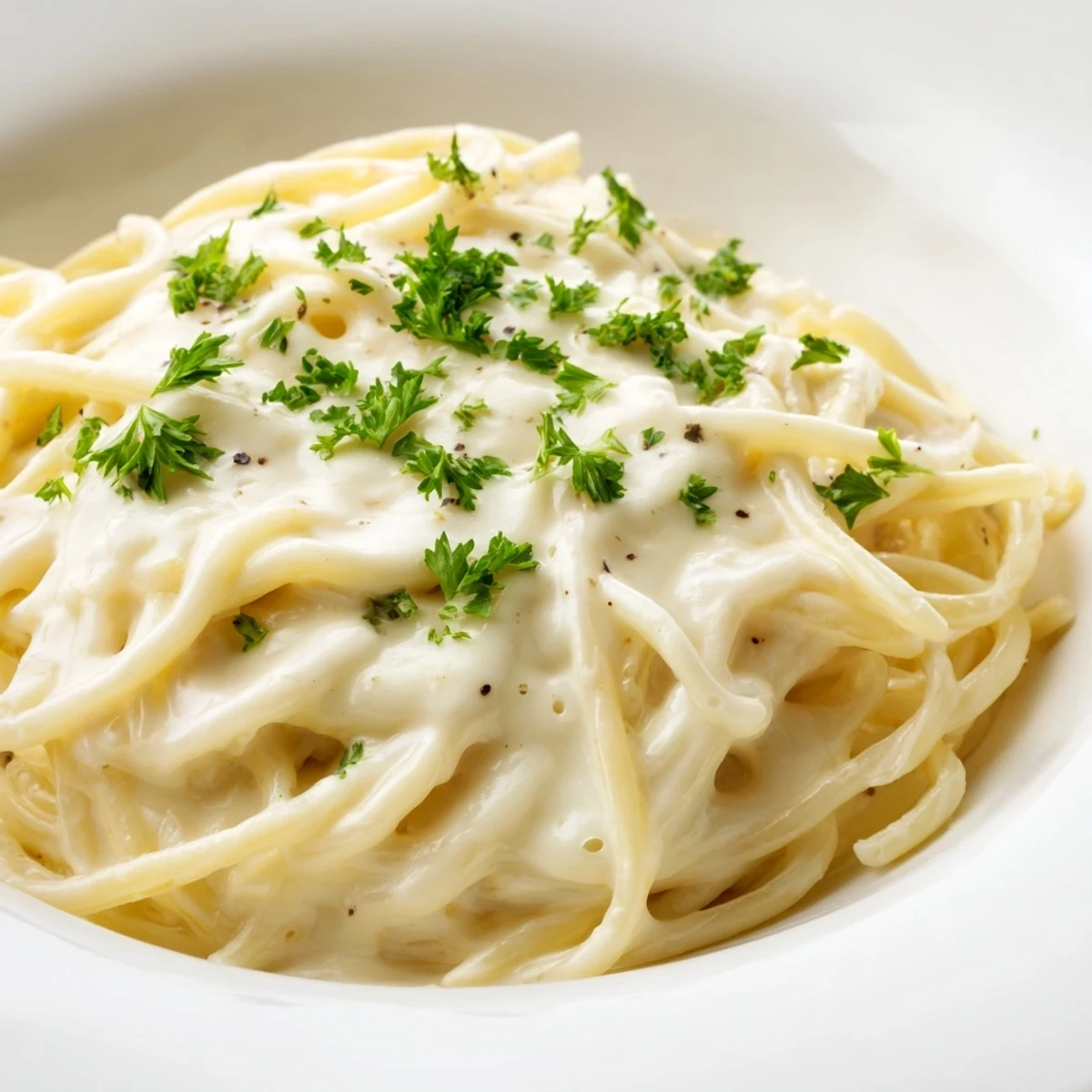 Comforting close up of creamy, cheesy Creamy Three-Cheese Spaghetti, ready to be devoured.