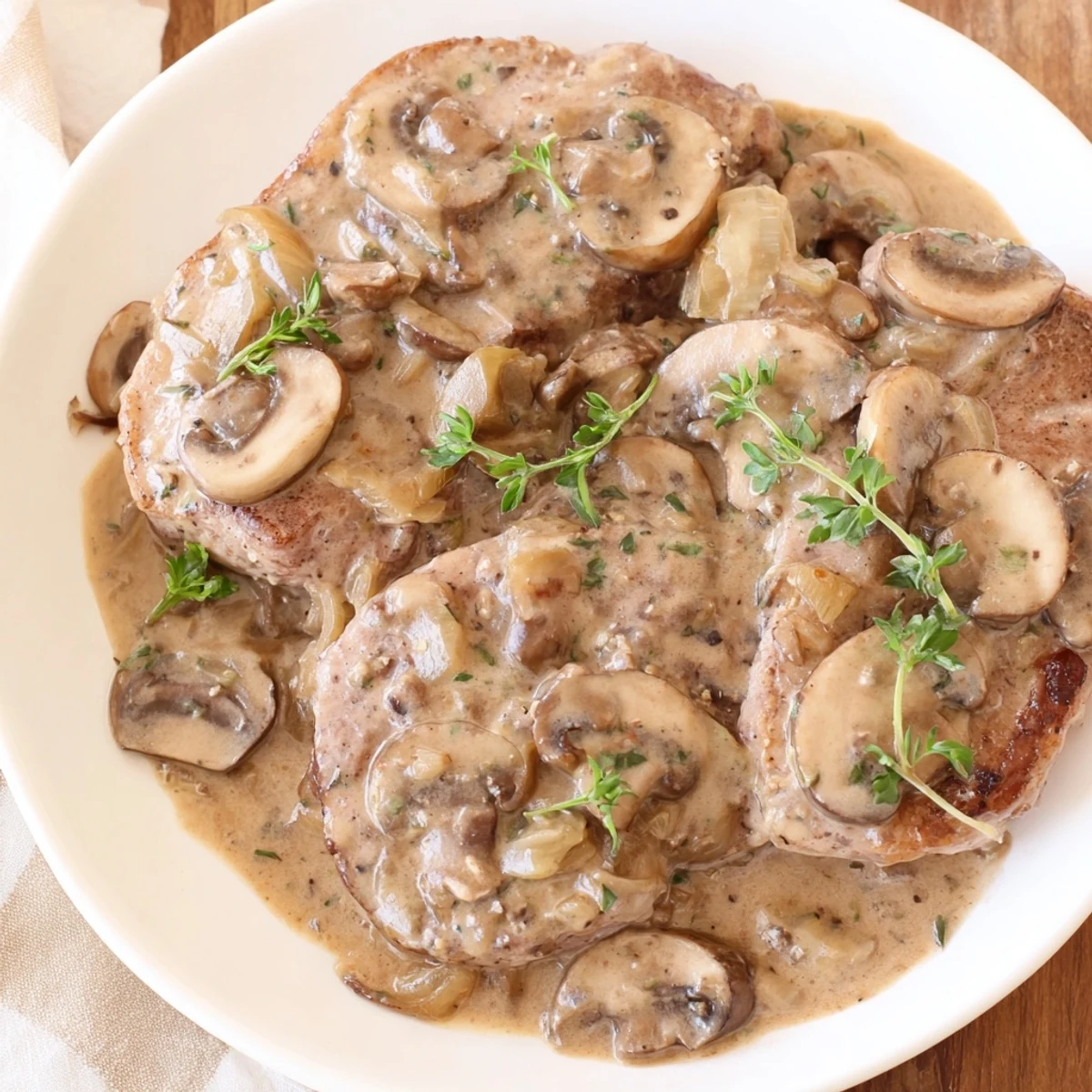 Golden-brown Stove Top Pork Chops swimming in a creamy mushroom sauce, ready for dinner.