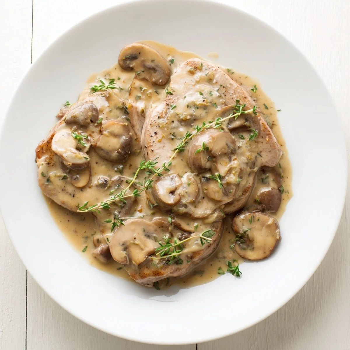 Savory Stove Top Pork Chops with cream of mushroom sauce, served with parsley garnish, a comforting meal.