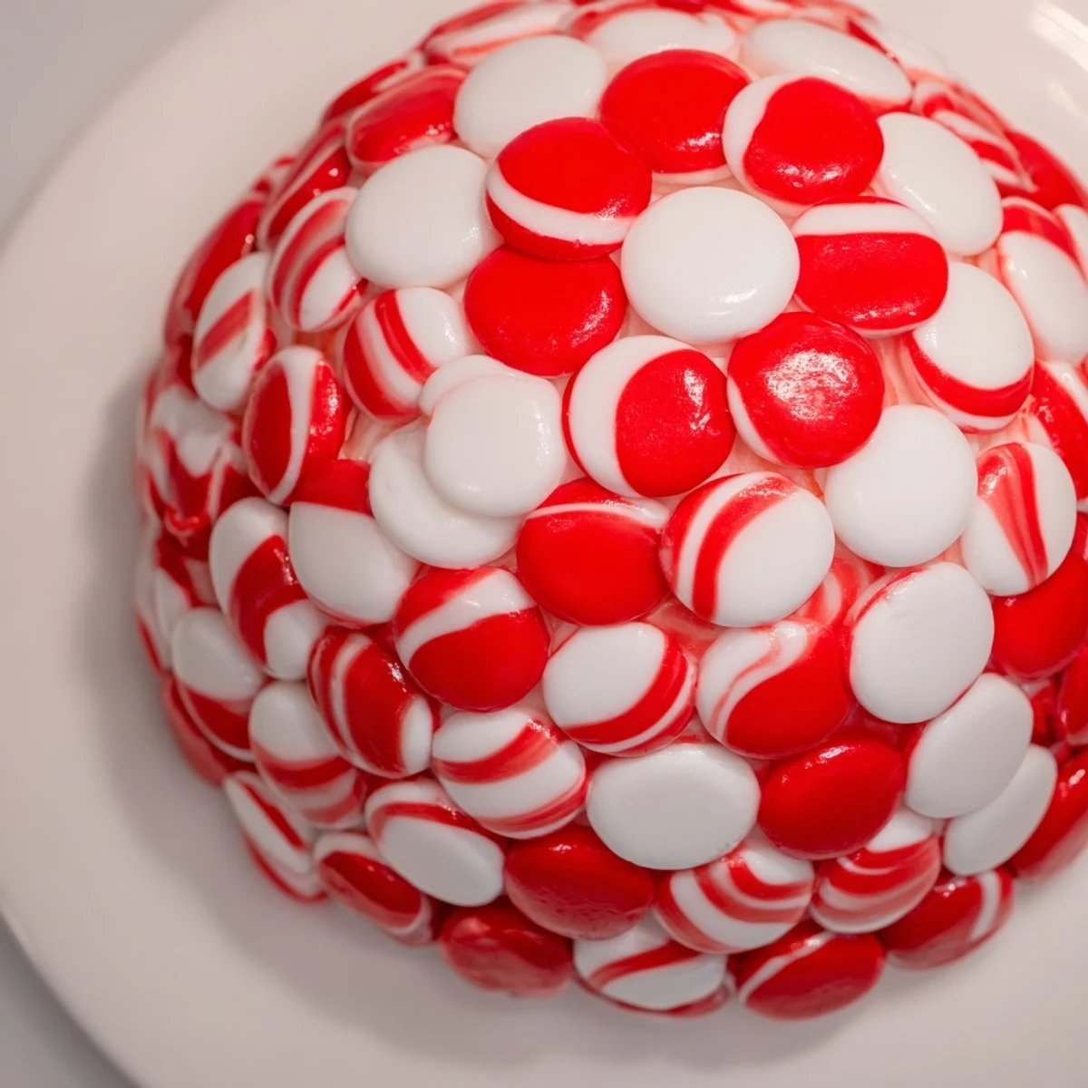 No-Bake Peppermint Candy Bowl, an elegant, shimmering bowl holding colorful candies for a festive dessert.