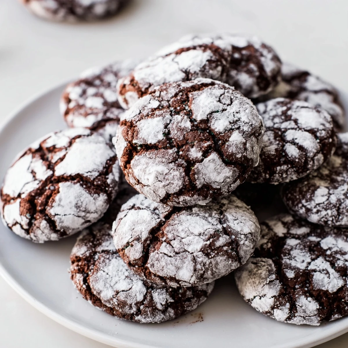 Warm Chocolate Gingerbread Crinkle Cookies dusted in powdered sugar, ready for a festive holiday season.