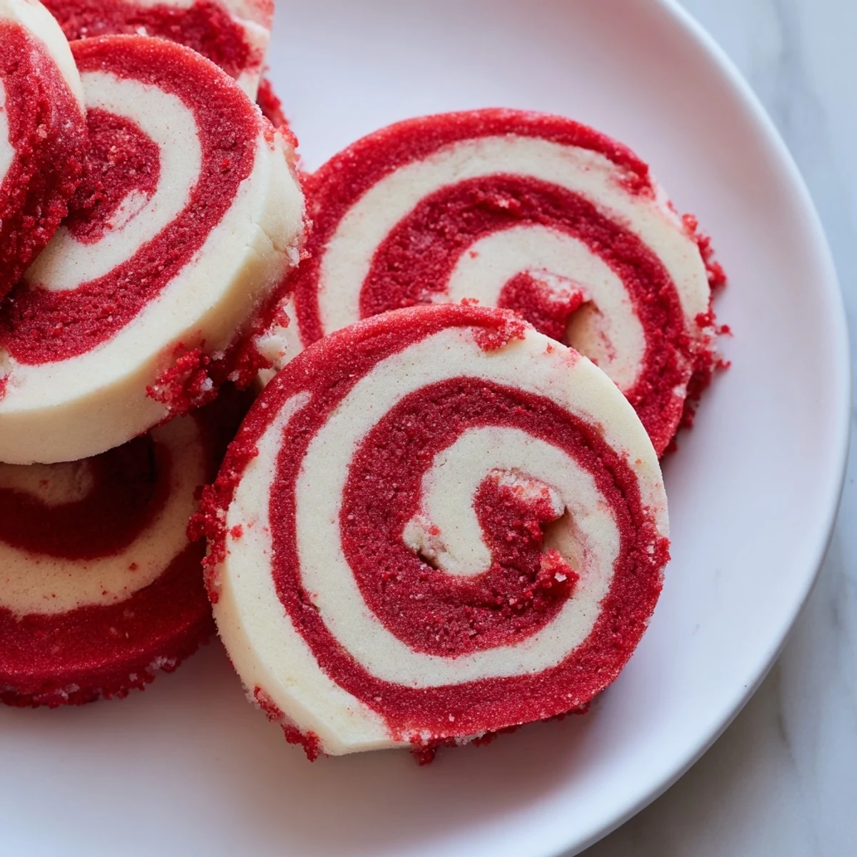 Freshly baked Candy Cane Pinwheel Cookies showing off a beautiful festive swirl ready to be enjoyed.